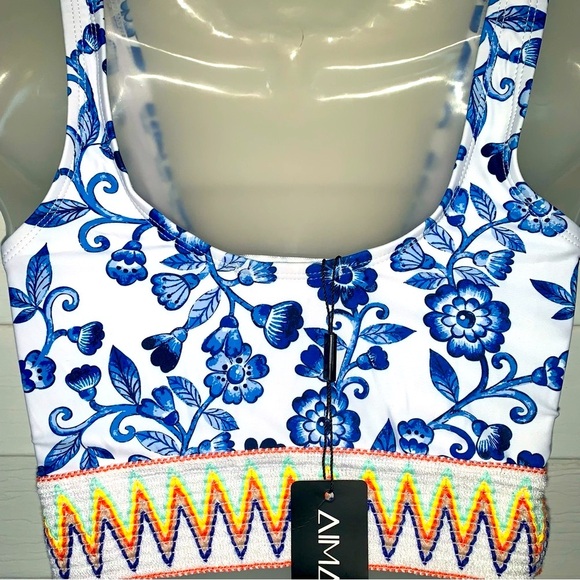 Blue and White Sleeveless Crop Bikini Top RUNS BIGGER SIZE LIKE MEDIUM NWT - Picture 4 of 4